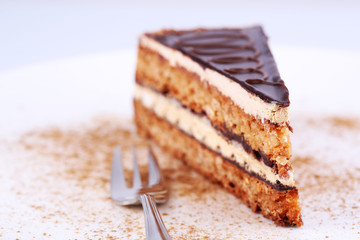 Delicious chocolate cake on plate on table close-up
