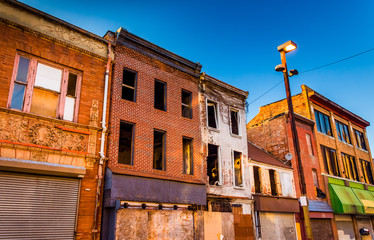 Evening light on abandoned buildings at Old Town Mall, Baltimore