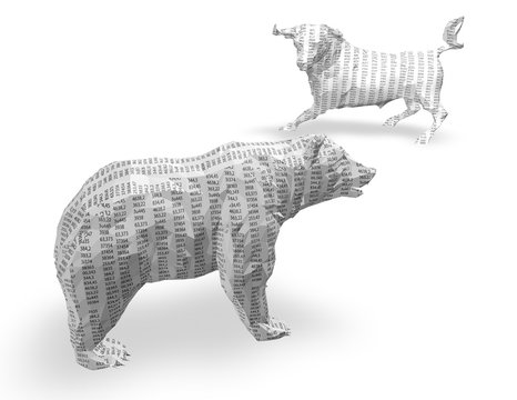 3d paper bull and bear with numbers texture, isolated on white.