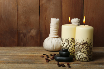 Beautiful spa composition with decorative Indian candles,