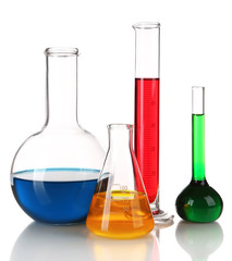 Test-tube and flasks with colorful fluid isolated on white