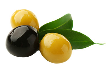 Green and black olives with leaves isolated on white