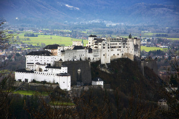 Fototapeta na wymiar Aerial view of famous Hohensalzburg Fortress in Salzburg, Salzbu