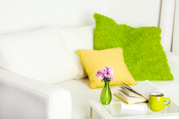 Apartment interior in white color with bright decorative