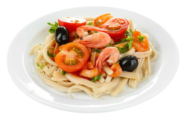 Tasty pasta with shrimps, black olives and tomatoes isolated