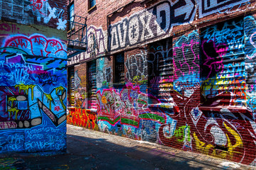 Graffiti on walls in Graffiti Alley, Baltimore, Maryland.