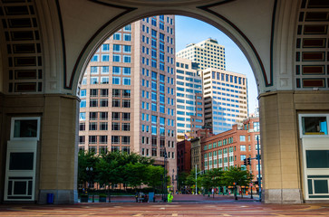 Looking through the arch at Rowes Wharf, in Boston, Massachusett