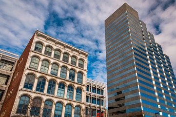 Looking up at buildings on Pratt Street in Baltimore, Maryland.
