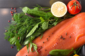 Salmon woth seasoning on a pan