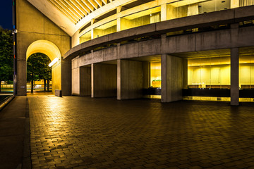 Reflection Hall at night, seen at Christian Science Plaza in Bos