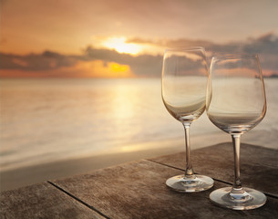 two empty glasses on a table in a cafe on the background of the