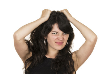 Fototapeta premium beautiful young brunette woman with black top posing holding