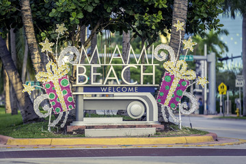 Miami Beach Christmas welcome sign, Florida