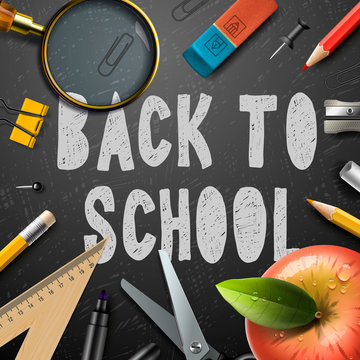 Back to school chalk drawing template with schools supplies