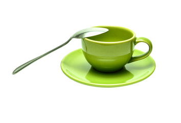 Green tea cup with spoon. Isolated on white background