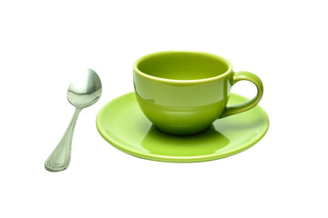 Green tea cup with spoon. Isolated on white background