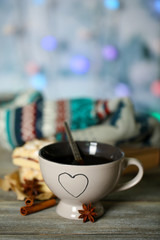 Beautiful composition with cup of hot drink,