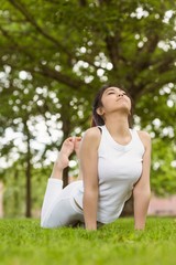 Naklejka na ściany i meble Healthy woman doing stretching exercises at park