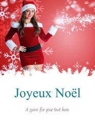 Composite image of pretty girl in santa costume holding hand out