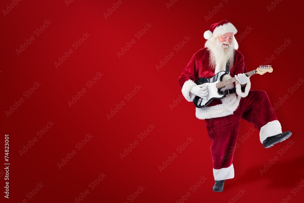 Poster composite image of santa claus has fun with a guitar