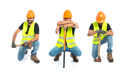 Workman with ax over white background