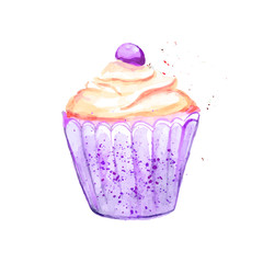 Watercolor vector cupcake with yellow cream and berry