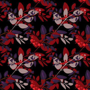 Seamless background pattern with colorful autumn leaves and rowa