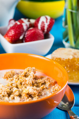 Healthy breakfast in vibrant colors overhead view