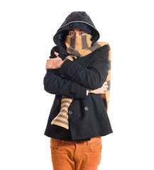 Man freezing over white