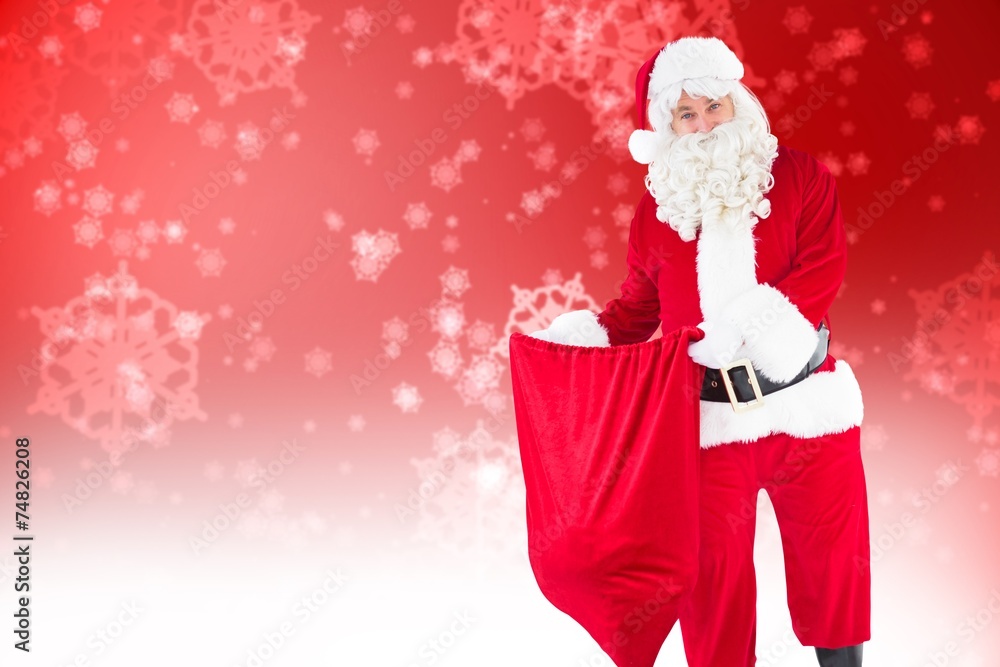 Poster composite image of smiling santa claus opening sack