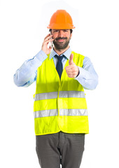 Worker talking to mobile