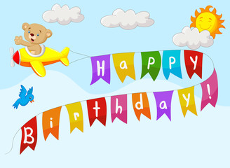 Birthday background with bear on plane