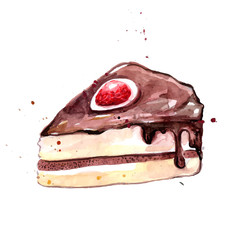 Watercolor slice of chocolate cake with icing