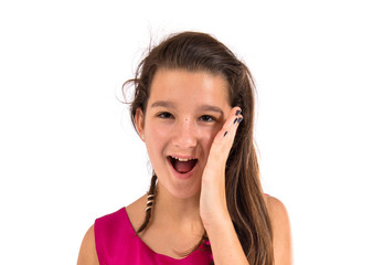 Girl doing surprise gesture over white background