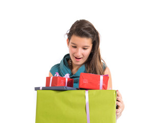 Girl with presents doing surprise gesture