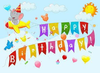 Birthday background with elephant on plane