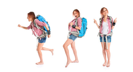 Obraz premium backpacker with thumb up over white background