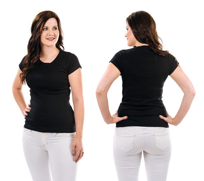 Brunette with blank black shirt and white pants