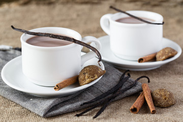 Two cups of chocolate with vanilla and cinnamon