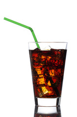 Cola glass with ice cubes over white