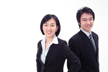 똑바로 서있는 비즈니스 여성과 남성