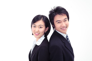 등을 맞대고 서있는 비즈니스 여성과 남성