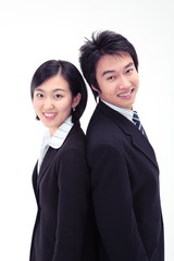 등을 맞대고 서있는 비즈니스 여성과 남성