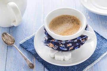 coffee cup black wooden board brown white jug milk