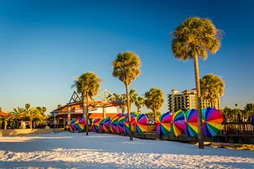 Foto op Plexiglas Clearwater Beach, Florida Palmbomen en kleurrijke parasols in Clearwater Beach, Flo