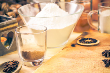 Ingredients preparation iced christmas gingerbread kitchen table