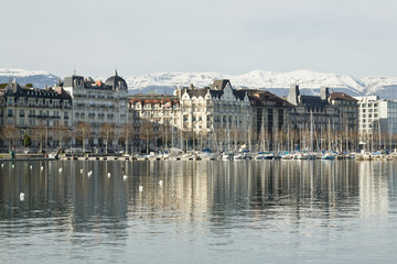 View of the city and Lake Geneva in Switzerland