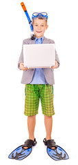 kid businessman wearing fins, snorkel and goggles
