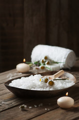 Spa concept with daisy, white salt and candles