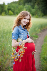 Fototapeta na wymiar pregnant woman on a background of the rural landscape